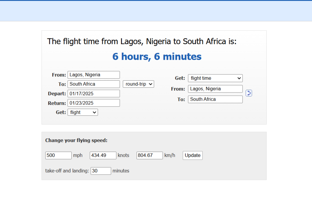 Flight duration from lagos to johannesburg