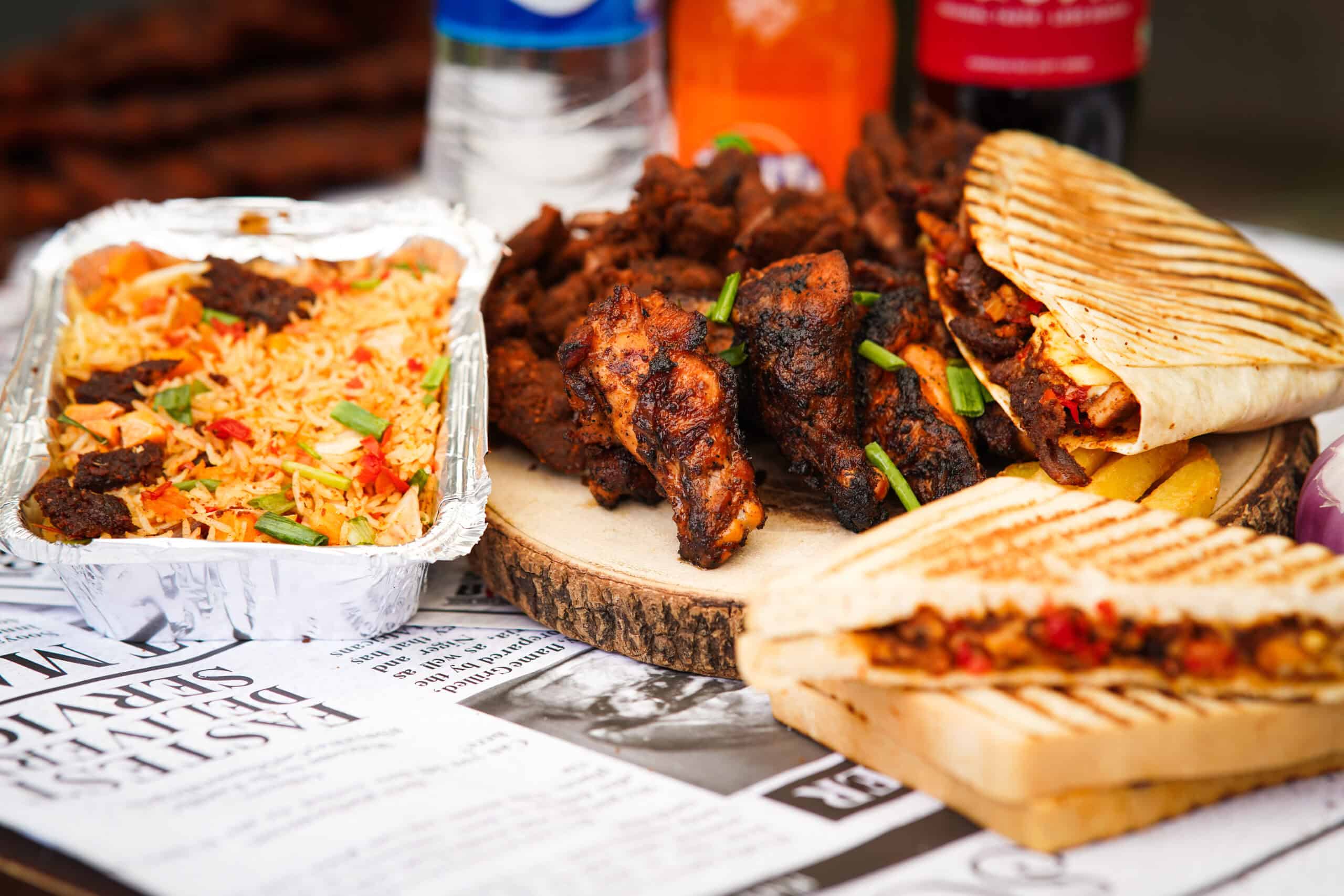 Sooyah bistro wings, sandwich and rice