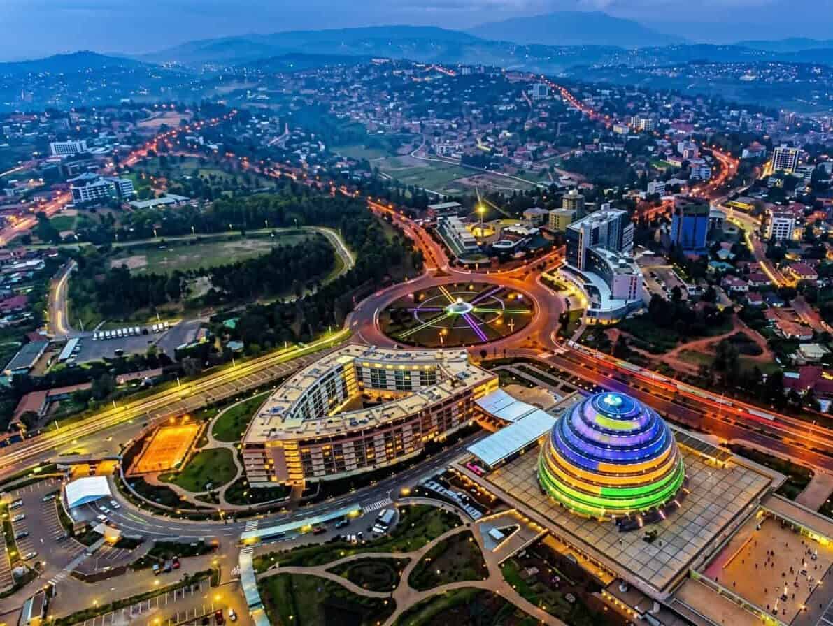 Aerial view of Kigali, Rwanda, with the Kigali Convention Centre