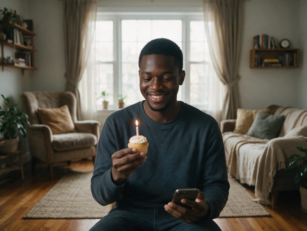A man holding a birthday cupcake and his phone