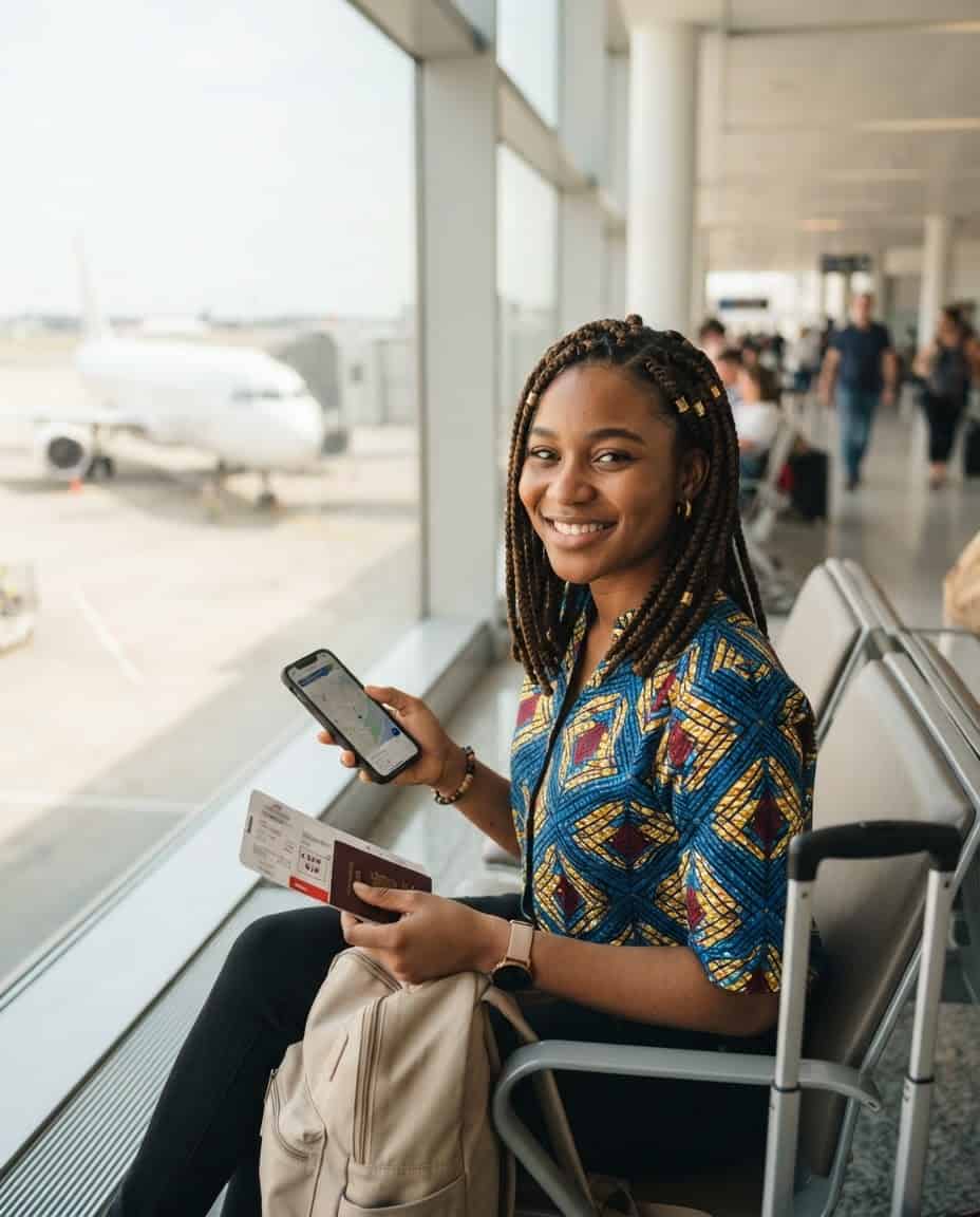 A traveller at a departure gate holding a boarding pass and phone
