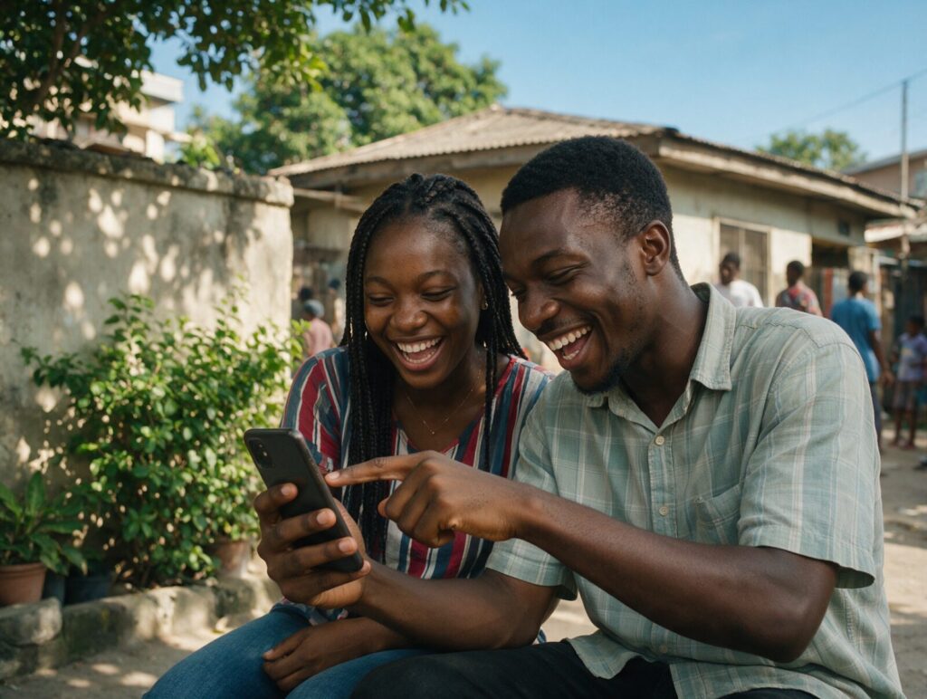 Two friends looking at a phone together