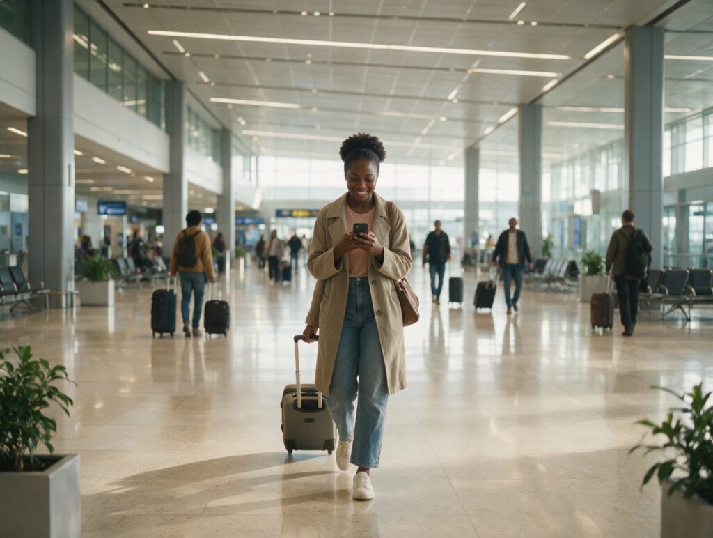 A traveller in an arrivals hall typing on her phone